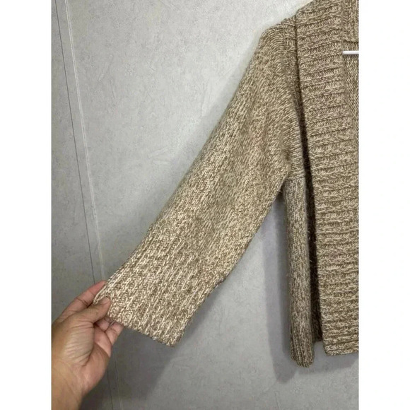 ANN TAYLOR LOFT Sweater Cardigan Tan Chunky Knit Merino Wool Wide Sleeve MEDIUM - Picture 4 of 7